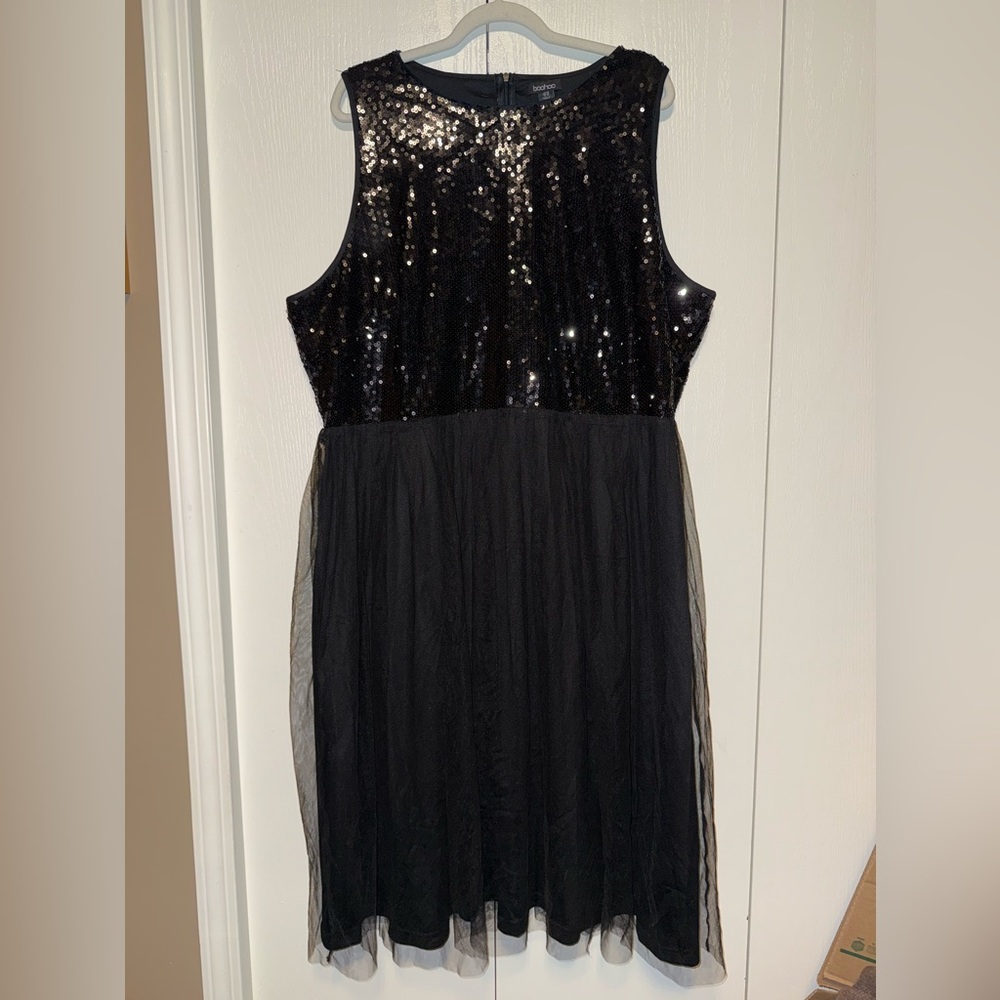 Boohoo Double Layer Sequin Midi Skater Dress